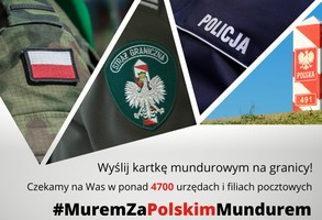Grafika z symbolami różnych służb mundurowych i słupkiem granicy Polski