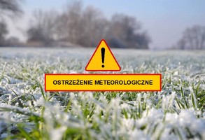 Fotografia przymrozku na trawie, na środku napis ostrzeżenie meteorologiczne.